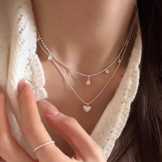 Double Layer Silver Bead Choke - Layered Pendant Necklace Aesthetic 评论和价格